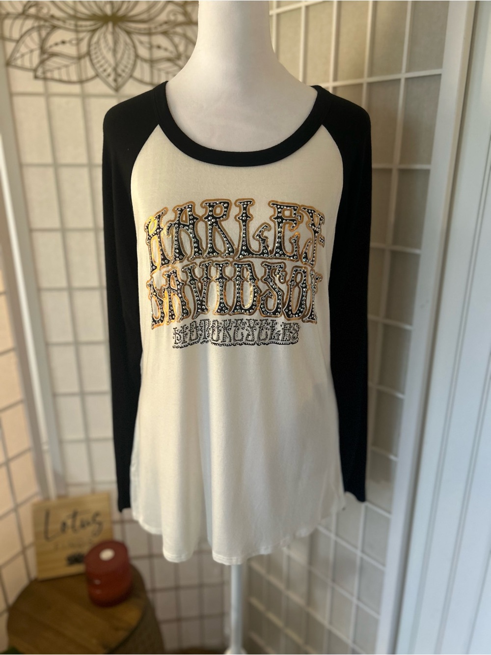 Harley-Davidson Rhinestone Baseball Raglan Top Black Cream Large